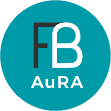 Logo de AuRA, avec les lettres F et B en noir sur fond turquoise.